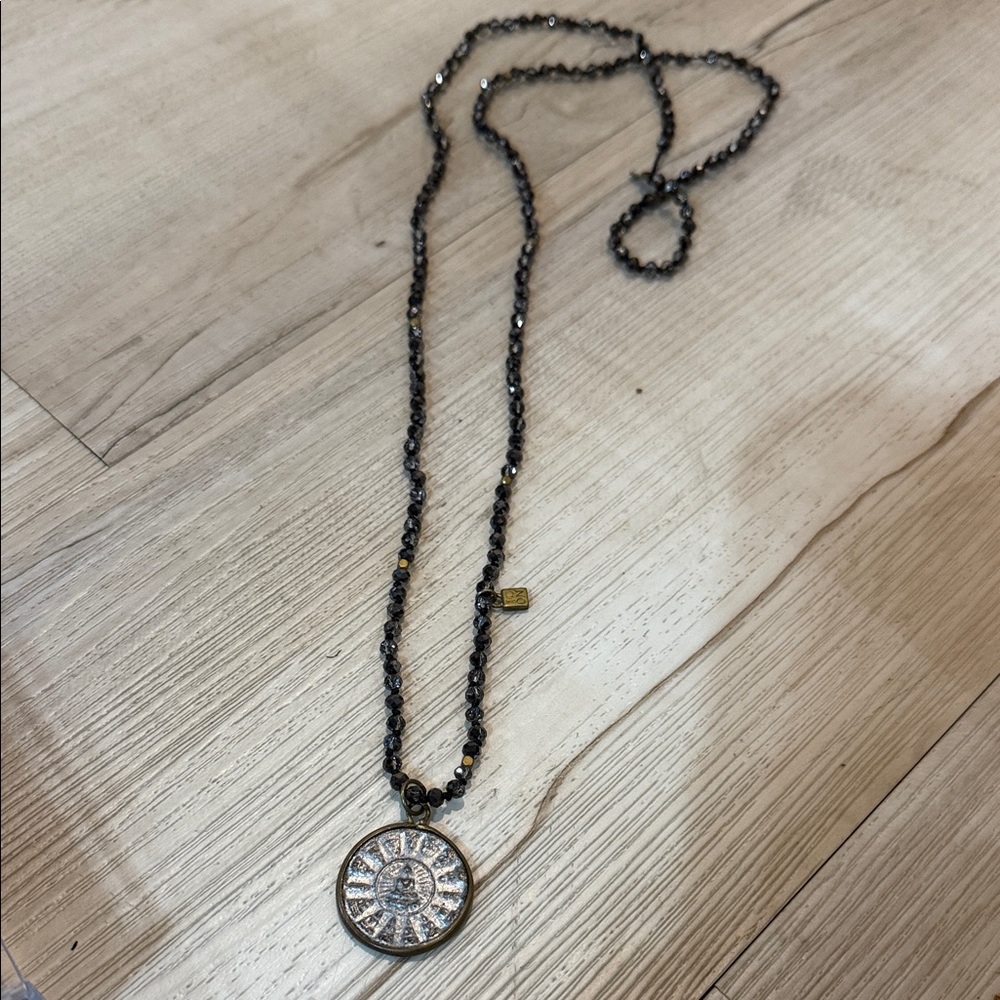 ICON Black Beaded Necklace with Silver Medallion